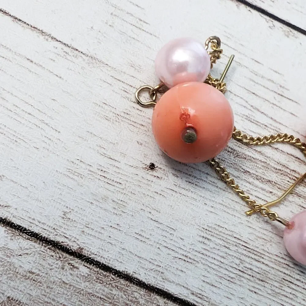 Vintage Earrings For Pierced Ears - Long Pink/Peach Faux Pearl Dangle
